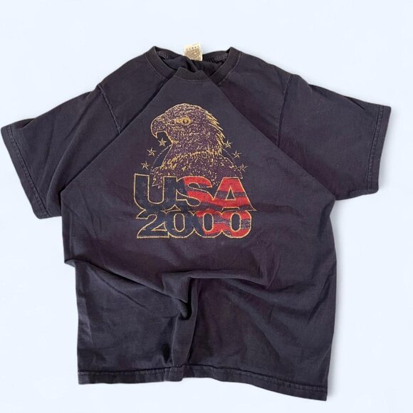 Y2K 2000 USA Eagle Graphic Tee Fruit of the Loom M Navy Blue Vintage Grunge Tee - Picture 1 of 7